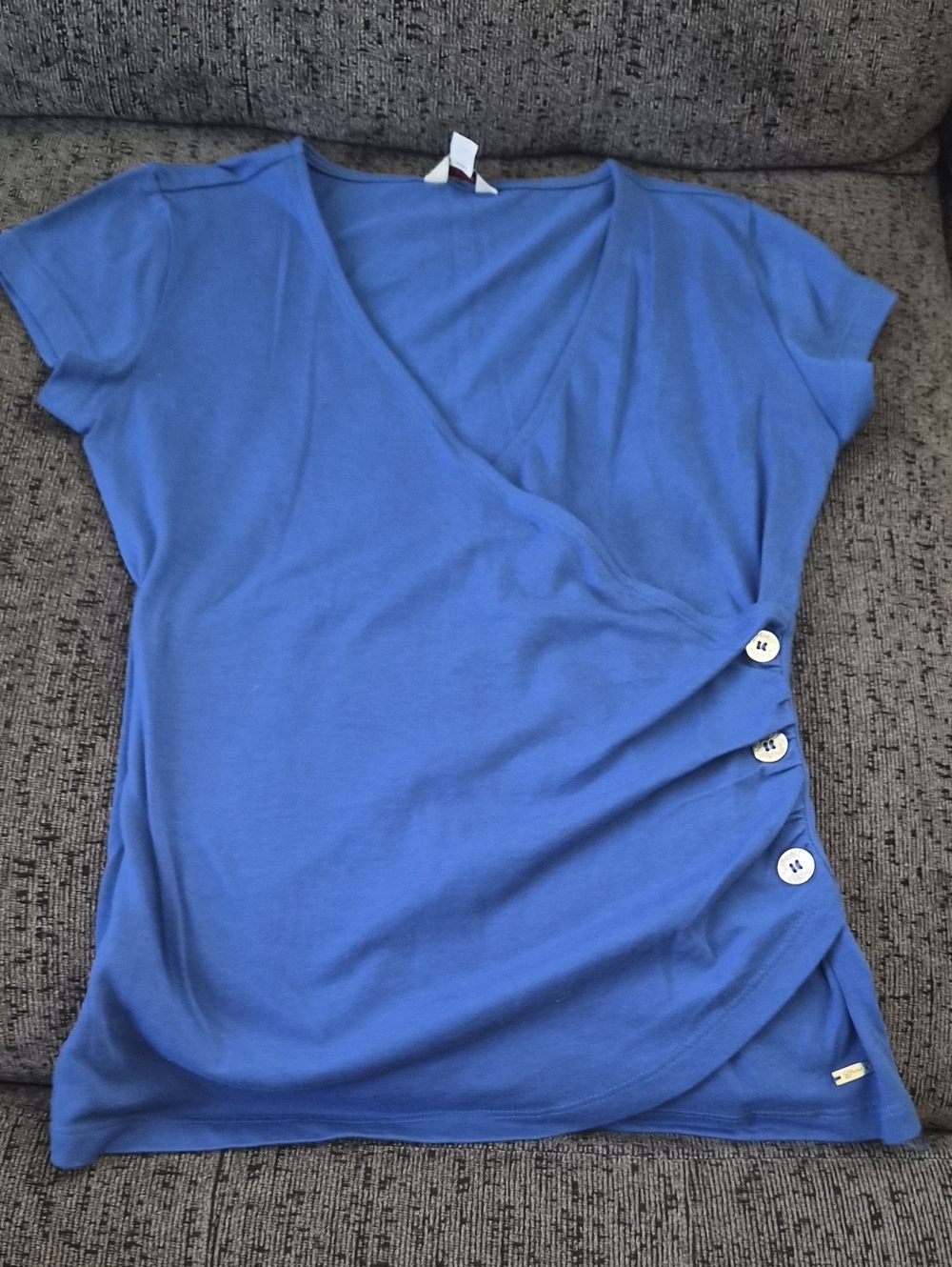 Guess Blue Short-Sleeve Wrap Top with Side Buttons